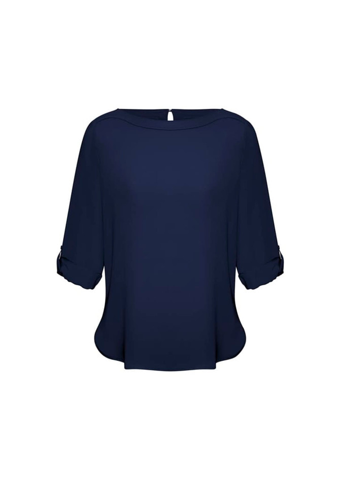 A navy blue women's boatneck top with rolled sleeves and a keyhole back design, featuring a subtle logo.