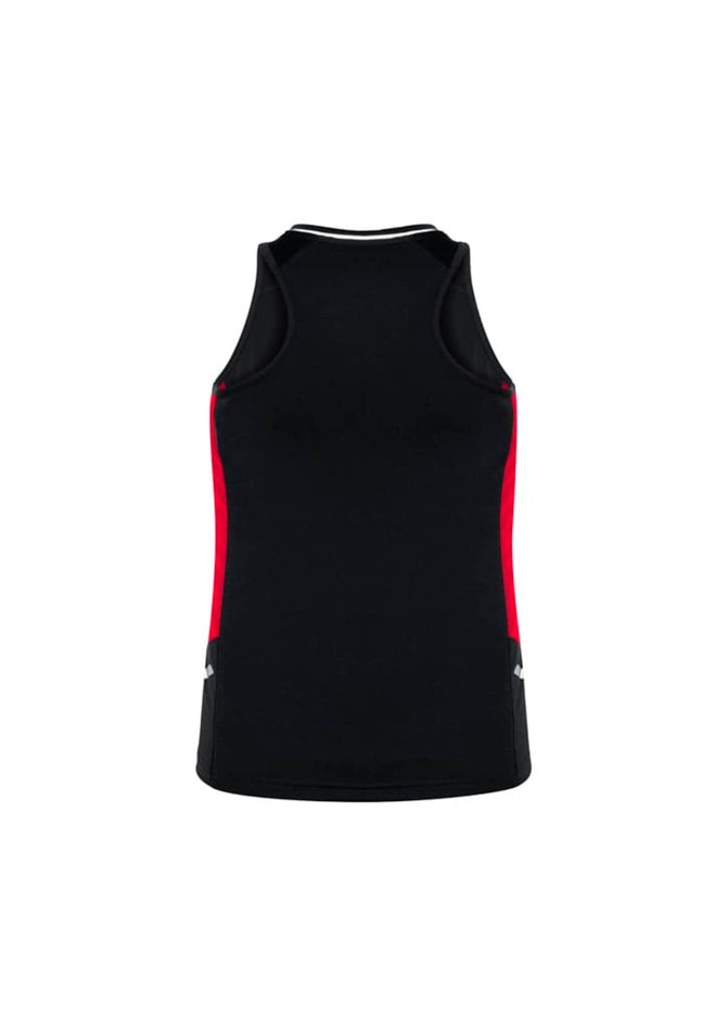 A black women's singlet with red detailing and a logo at the bottom.