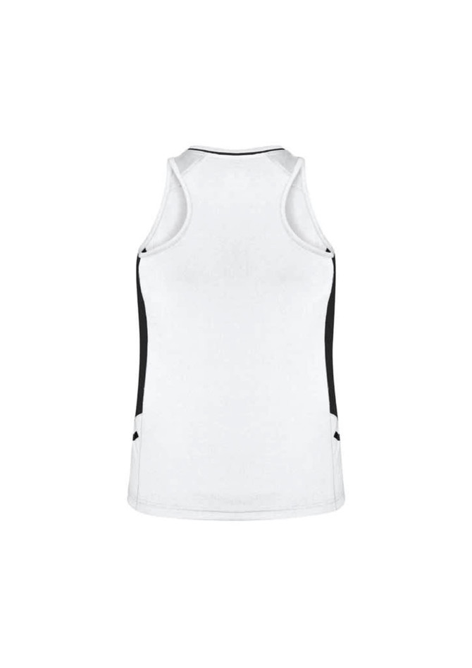 A white women's singlet with black side panels and a logo. The design features a sleeveless style.