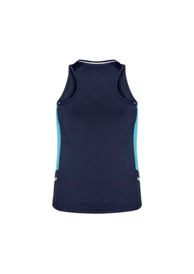 A dark navy singlet featuring light blue side panels and a fitted design. The garment has a small logo.