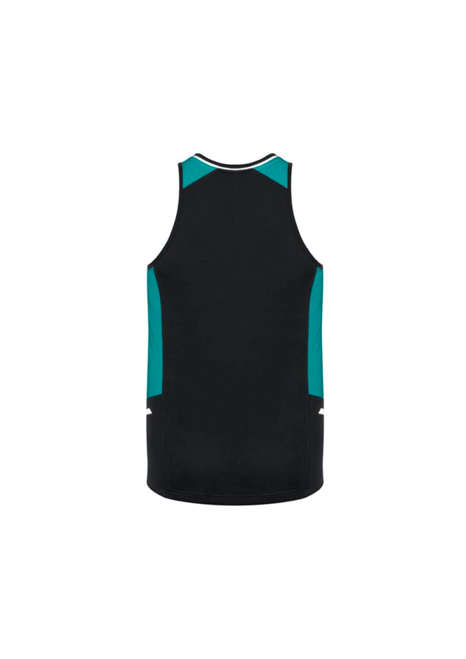 A black singlet with teal accents and a logo, featuring a sporty design and sleeveless cut.