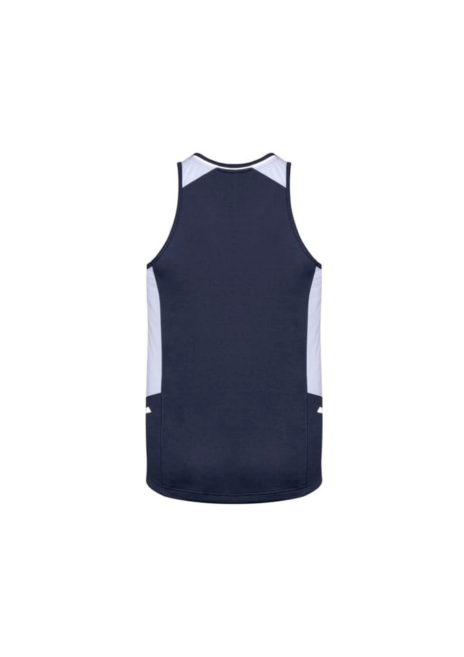 A navy blue men’s singlet with light blue accents, featuring a logo on the back.