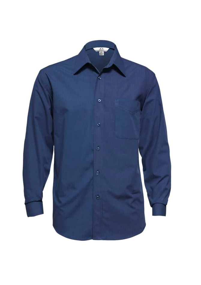 A men's micro check long sleeve shirt in navy blue, featuring a button-up front and a chest pocket.