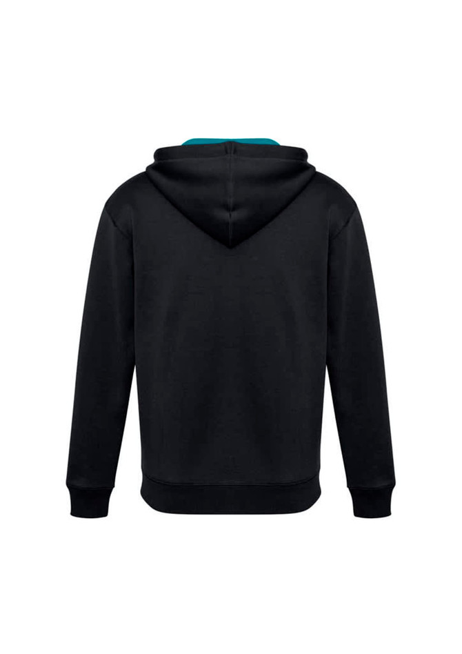 A black hoodie with a teal interior and a logo. The hoodie features a spacious hood and long sleeves.