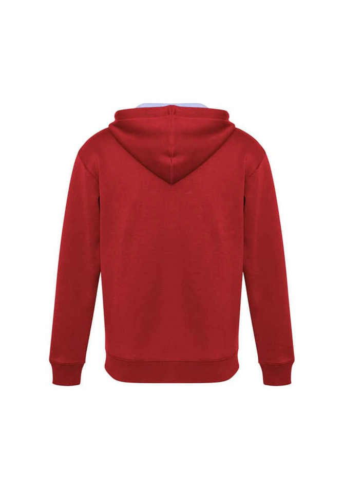 A red hoodie with a hood, featuring a plain back design and ribbed cuffs. It includes a logo.