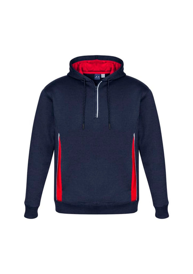 A navy unisex hoodie with red accents and a zippered collar, featuring a drawstring hood and a logo.