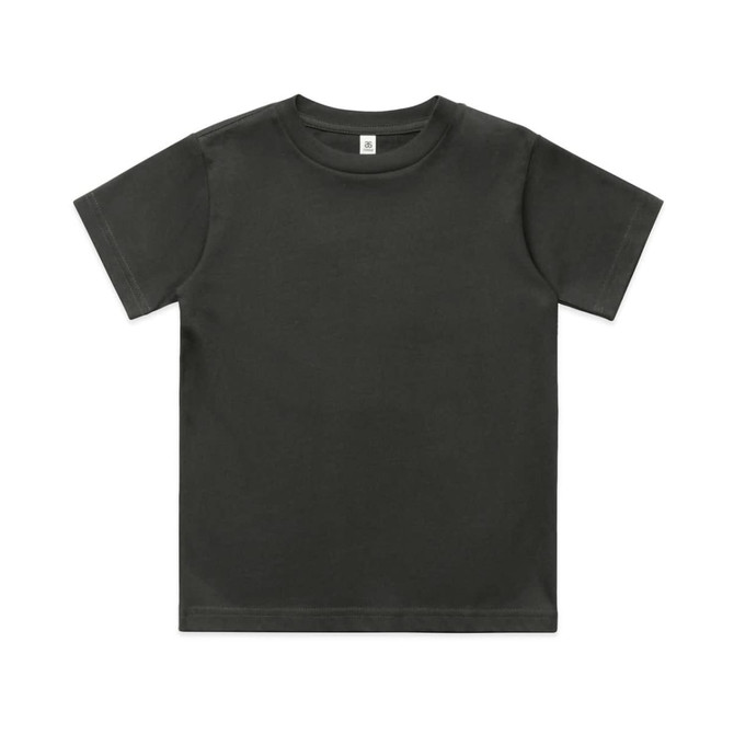 A dark grey kids' classic tee, featuring a simple crew neck and short sleeves. The shirt has a brand logo tag.