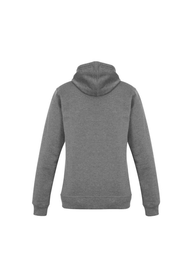 A grey women's crew hoodie featuring a hood and long sleeves, with a branded logo on the back.