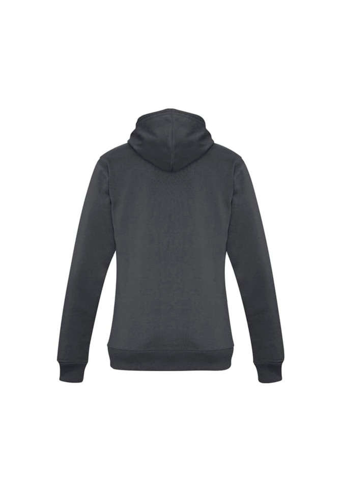 A dark grey women's crew hoodie with a hood and long sleeves, featuring a logo on the back.