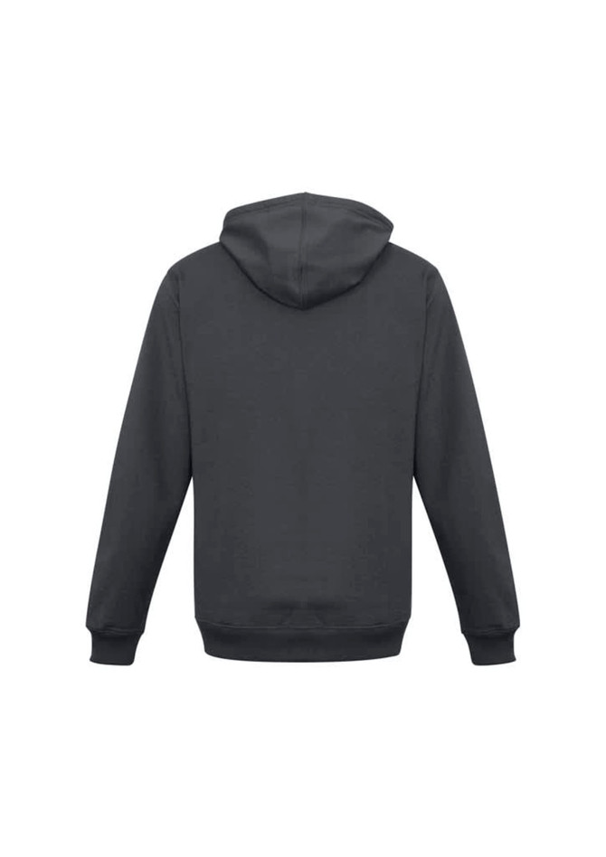 A dark grey men's crew hoodie with a hood and long sleeves, featuring a logo on the back.