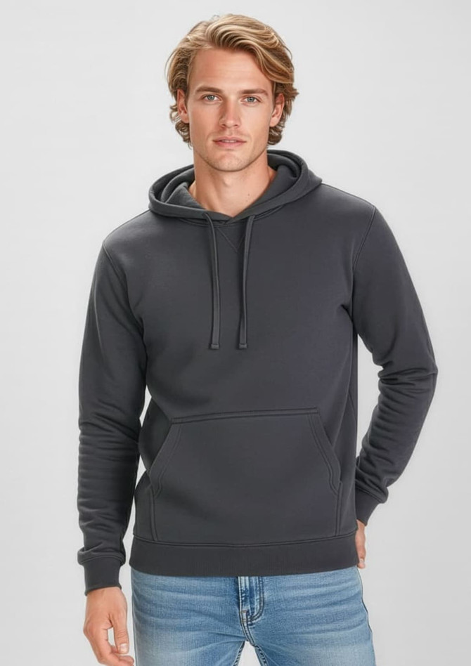 A grey men's crew hoodie with a front pocket and a hood, worn by a model.