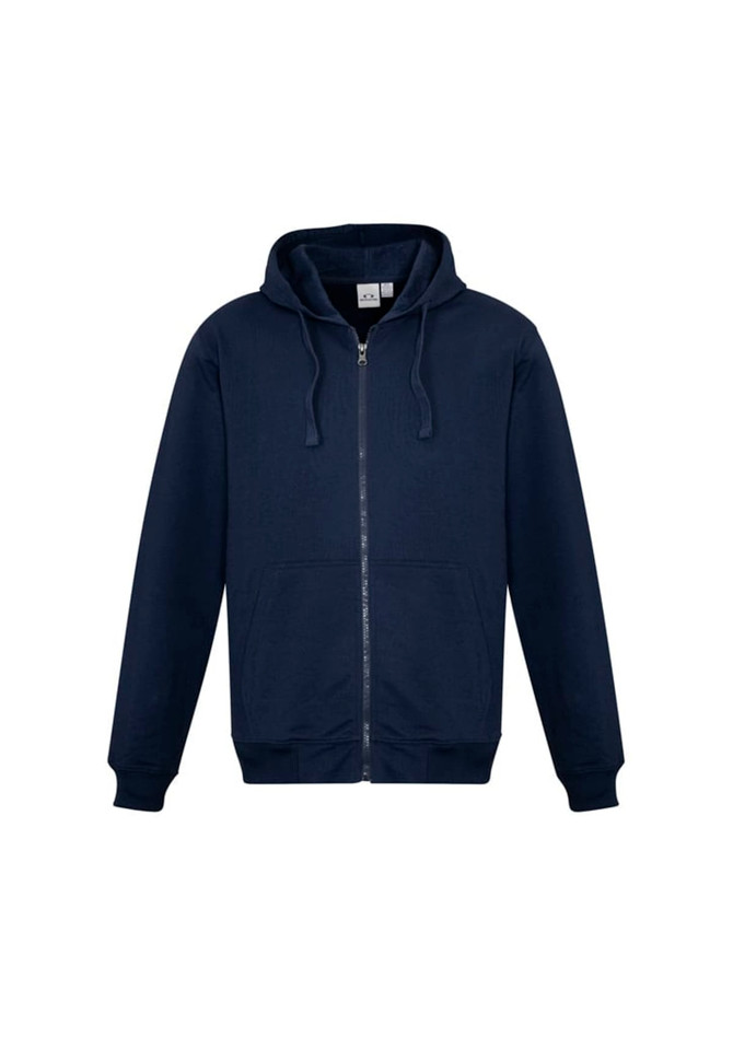A navy blue men's crew zip hoodie with a hood and front pockets, featuring a logo on the chest.