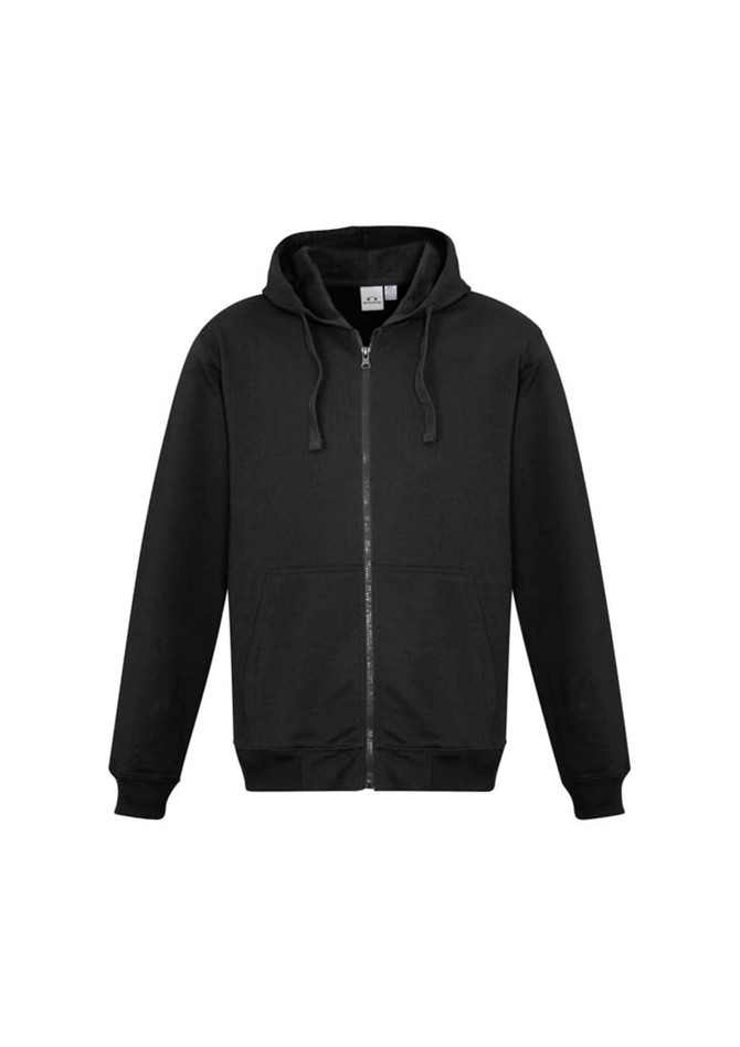 A black men's crew zip hoodie featuring a zip front and a hood. The hoodie has long sleeves and a logo on the front.