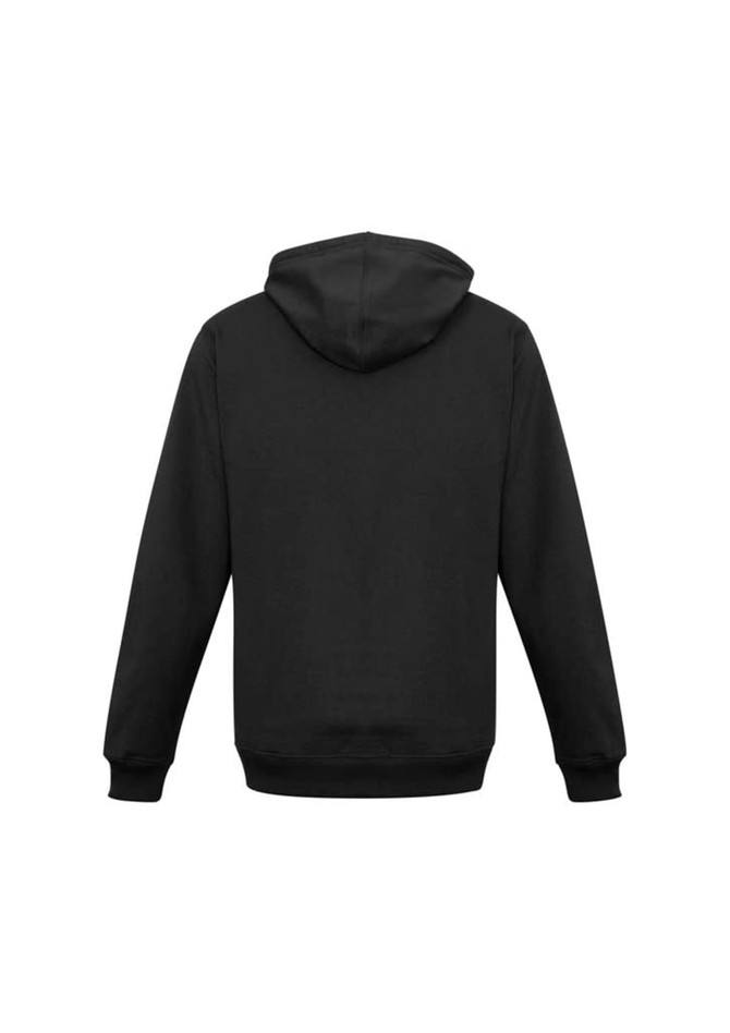 A black men's crew zip hoodie featuring a hood and long sleeves, with a logo on the back.