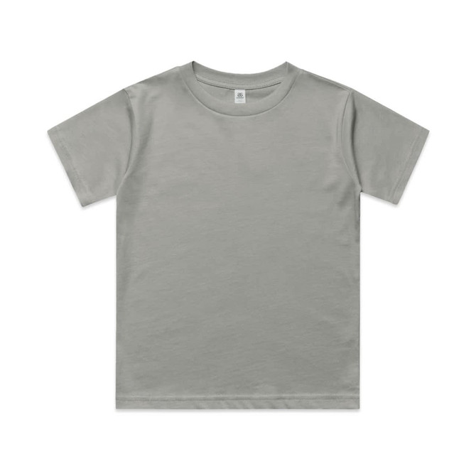 A grey youth classic tee with a round neckline and short sleeves. It features a small logo on the neckline.