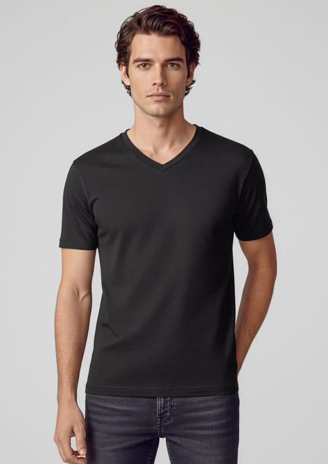 A black short sleeve tee featuring a v-neck design. The model is wearing it with slim-fit jeans.
