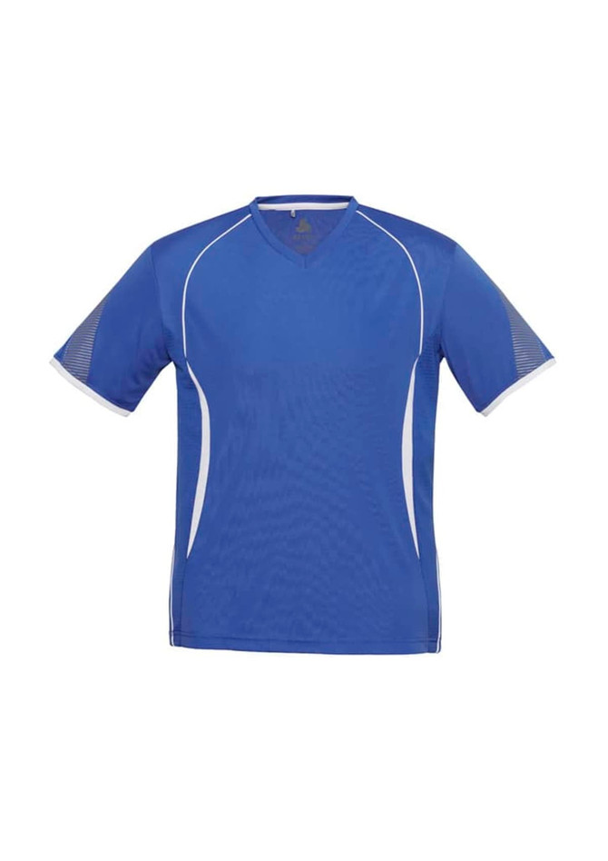 A blue short sleeve tee with a v-neck and white detailing, featuring a logo on the front.