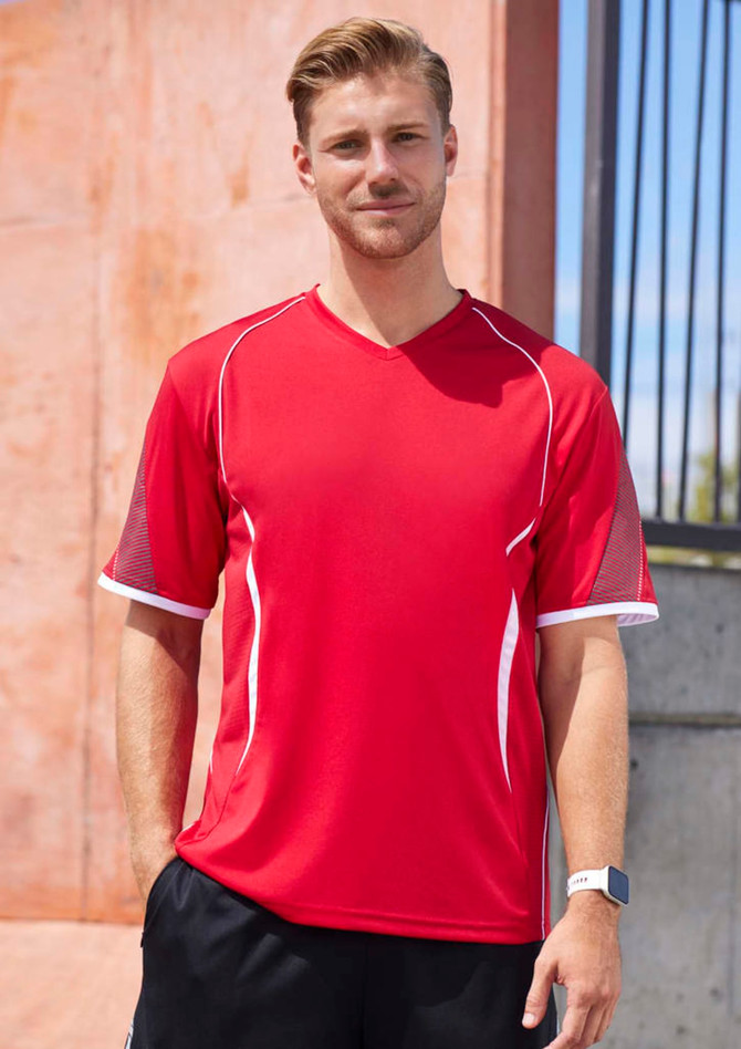A red short sleeve tee featuring a V-neck and mesh detailing, with white accents and a logo on the chest.
