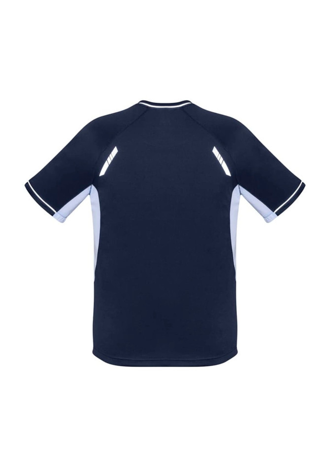 A navy blue short sleeve tee with contrasting light blue details and reflective accents. Features branding.