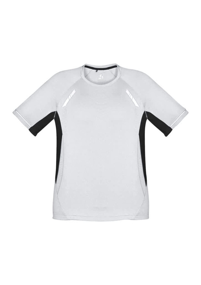 A short sleeve tee in light grey with black accents and reflective details, featuring a logo.