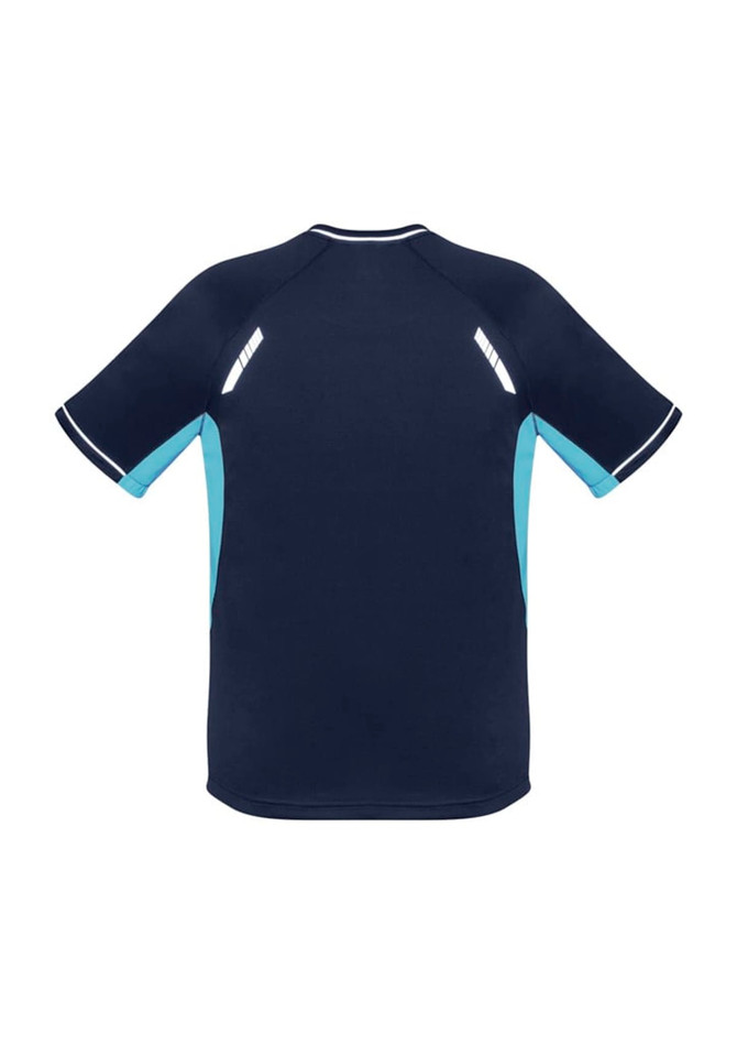 A navy blue short sleeve tee with light blue accents and reflective detailing, featuring a logo.