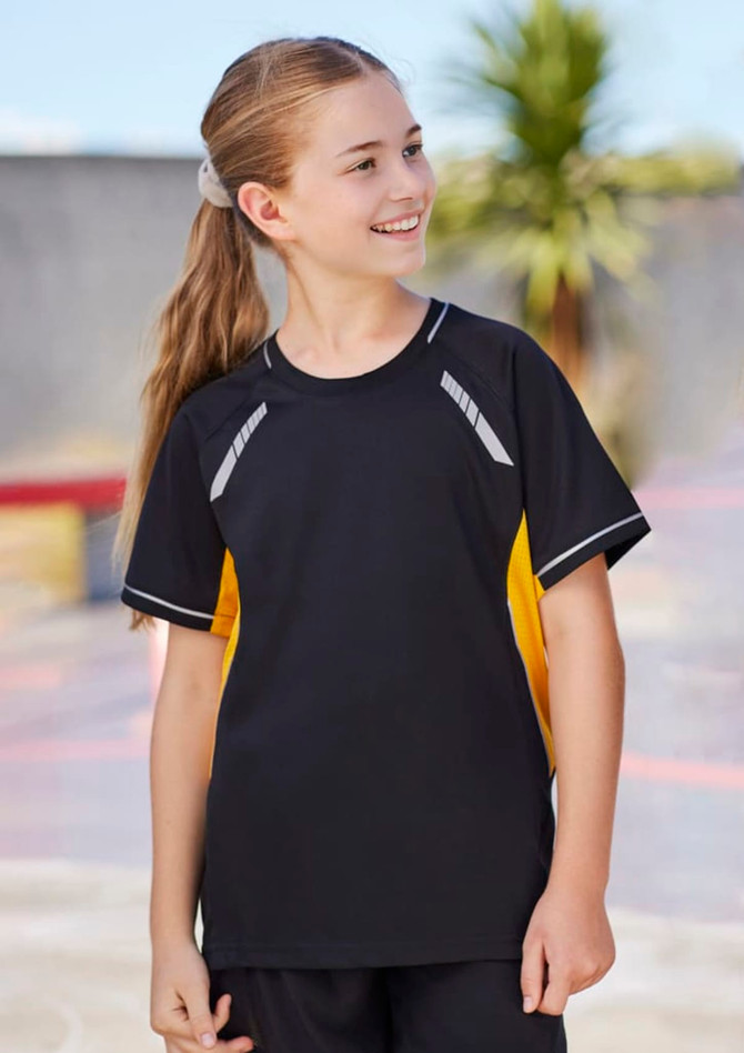 A black and yellow short sleeve tee with a logo, featuring contrasting side panels and sporty accents.