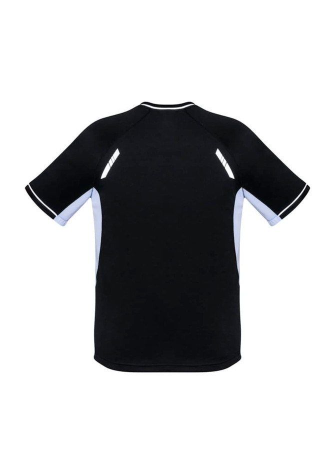A black short sleeve tee with light blue accents and reflective details, featuring a logo.