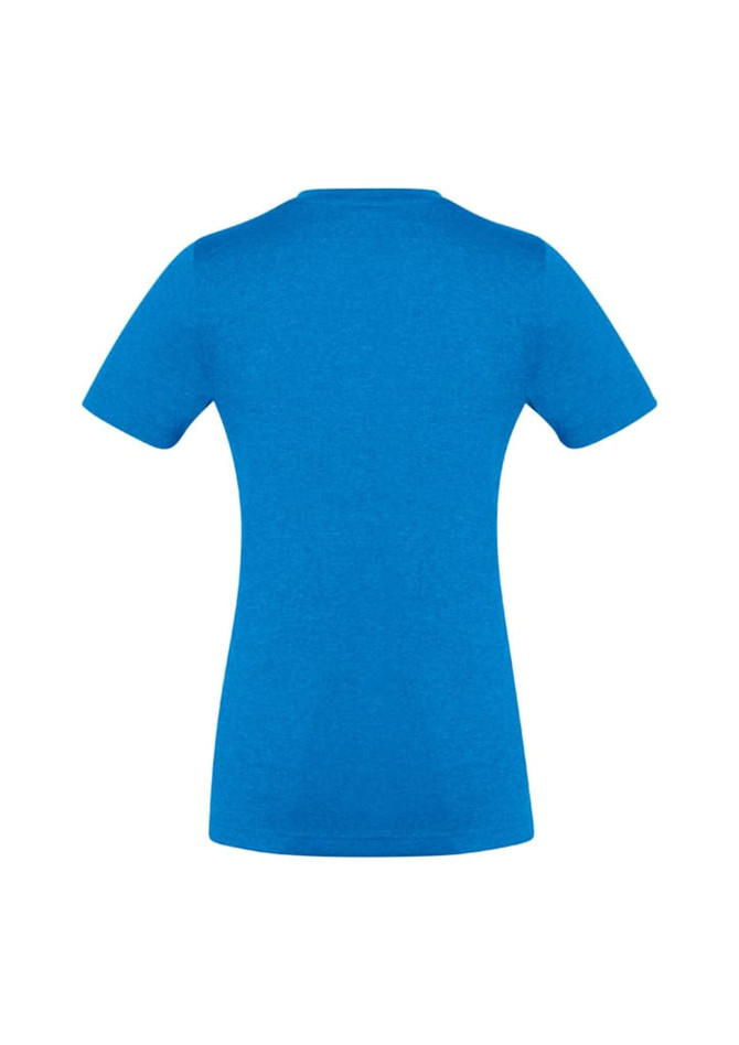 A blue women's short sleeve tee with a fitted design and no visible branding on the back.