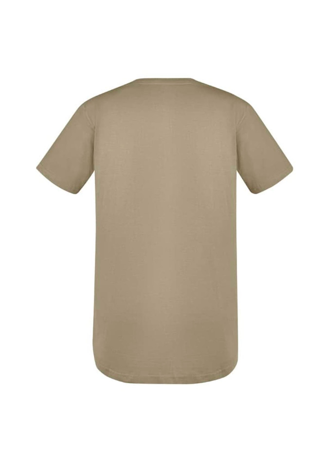 A khaki green short-sleeved T-shirt with a rounded hem and a logo on the back.