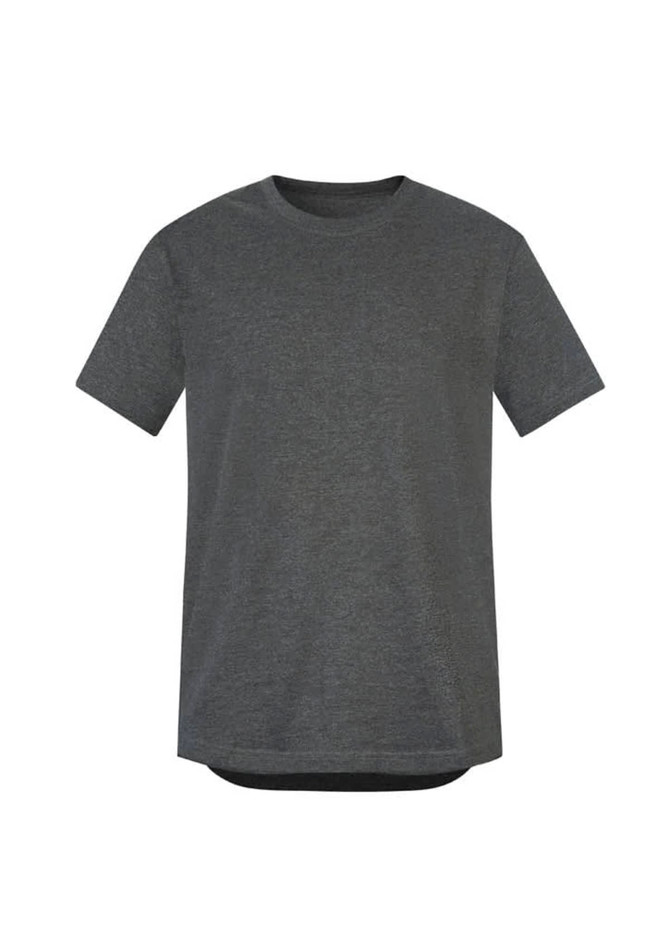 A dark grey men's t-shirt with short sleeves and a round neckline. It features a logo on the front.