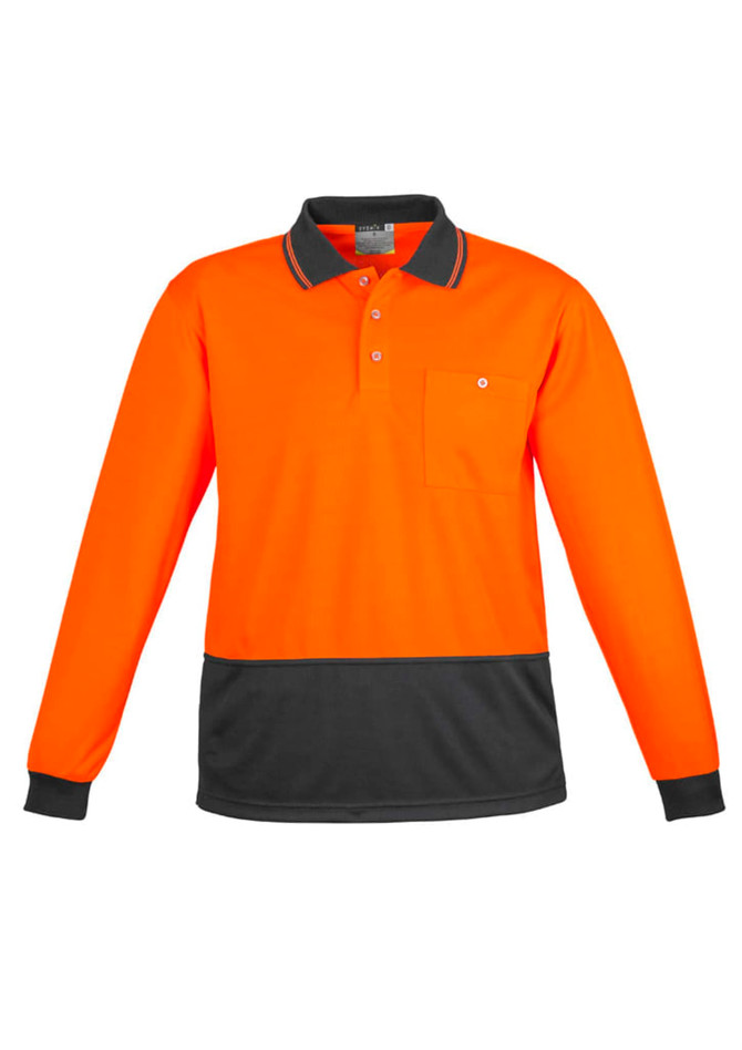 A long sleeve polo shirt in bright orange with a dark grey bottom panel and a chest pocket, featuring a logo.