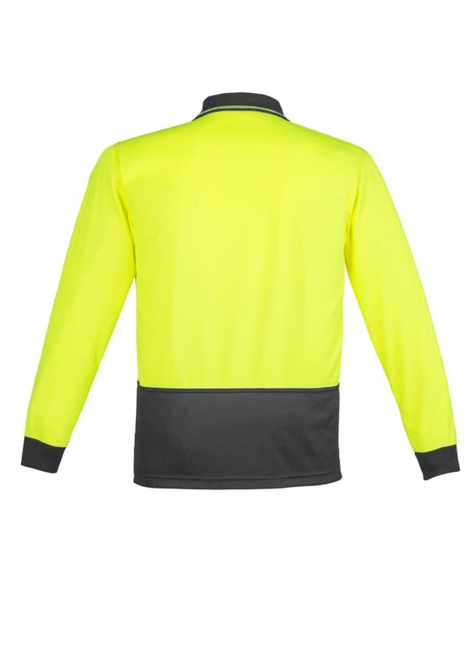 A unisex long sleeve polo shirt in high visibility yellow with black accents. Features a collar and branding.