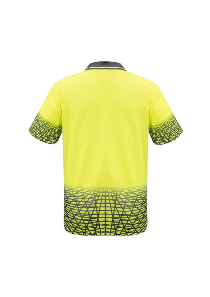A bright yellow short sleeve polo shirt with a patterned lower section and a collar. Features a logo.