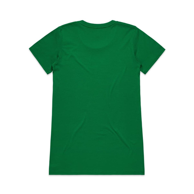 A green t-shirt displayed from the back, featuring a smooth texture and fitted cut. It includes a branding logo.