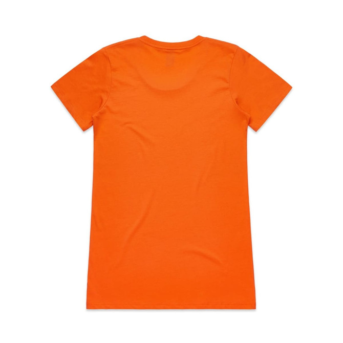 An orange t-shirt with short sleeves and a plain back. Features a branding logo.