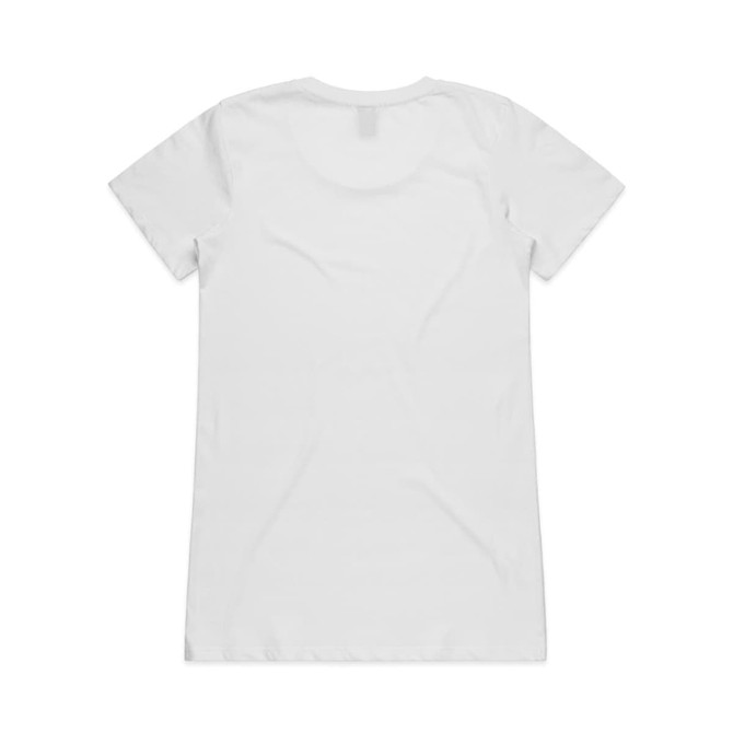 A plain white T-shirt with a crew neck and short sleeves, featuring a logo on the back.