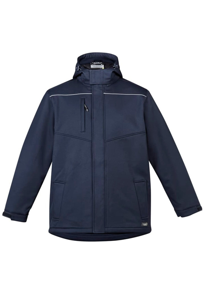 A navy unisex softshell jacket with a zip front, hood, and pockets. It features contrasting trim and a logo.