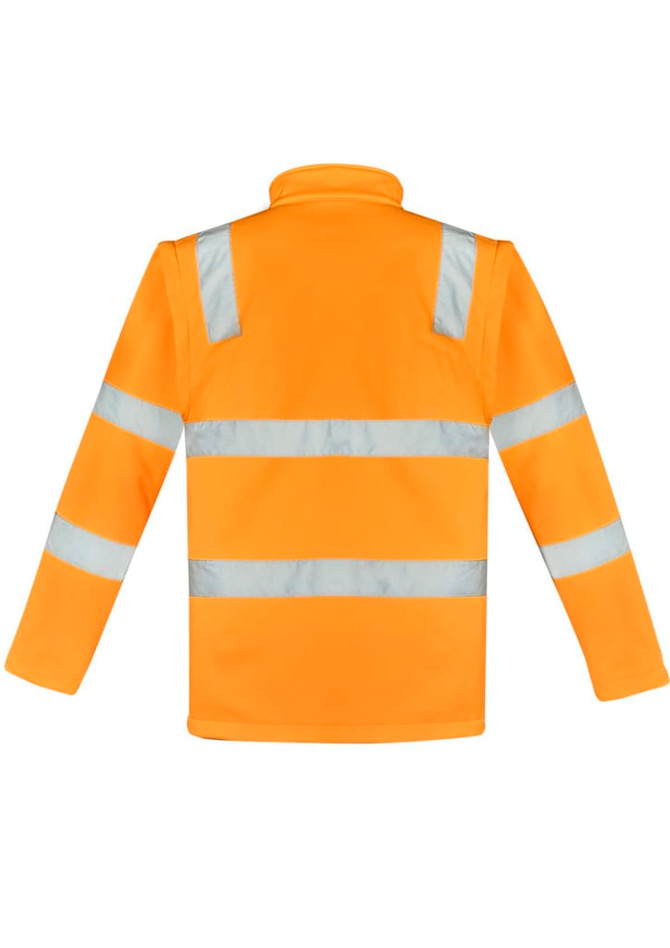 A unisex hi-vis softshell jacket in bright orange with reflective stripes on the back. Features a logo.