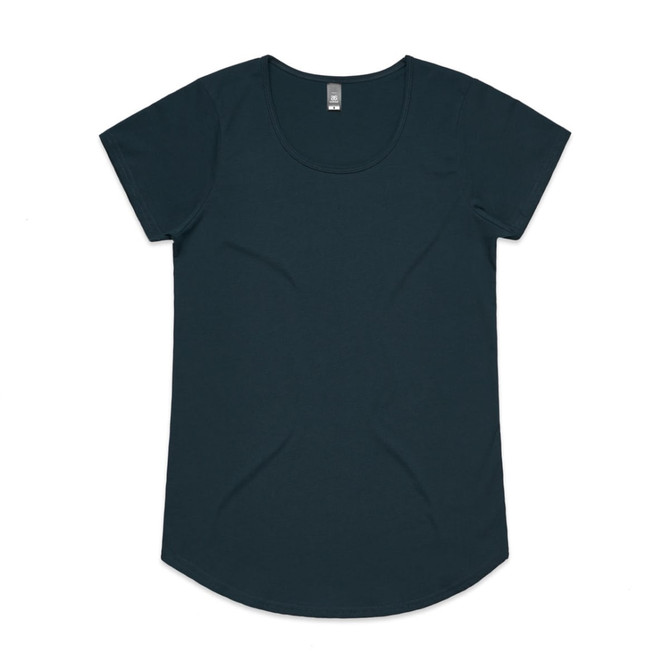 A dark teal women's t-shirt with short sleeves and a rounded hem, featuring a label.