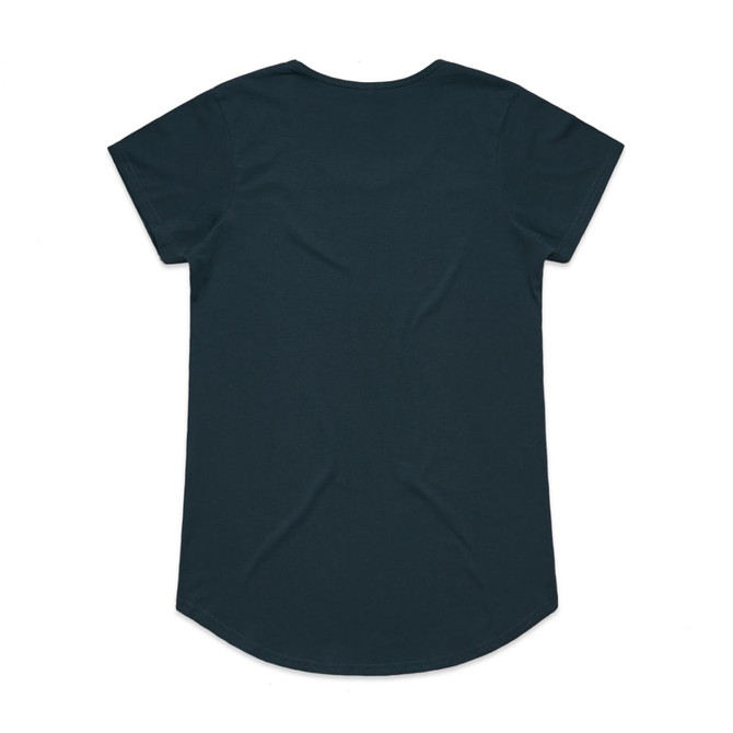 A dark teal T-shirt with a rounded hem and short sleeves, featuring a logo on the back.