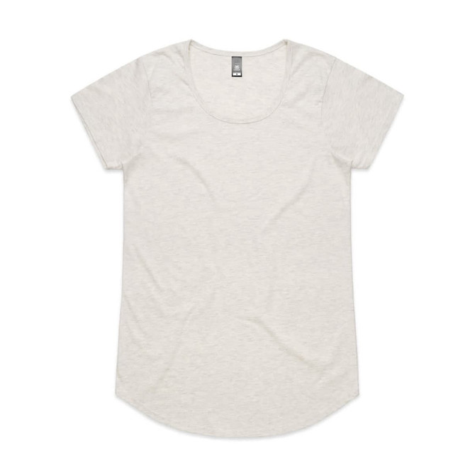 A light beige t-shirt with a rounded neckline and short sleeves. It features a logo on the label.