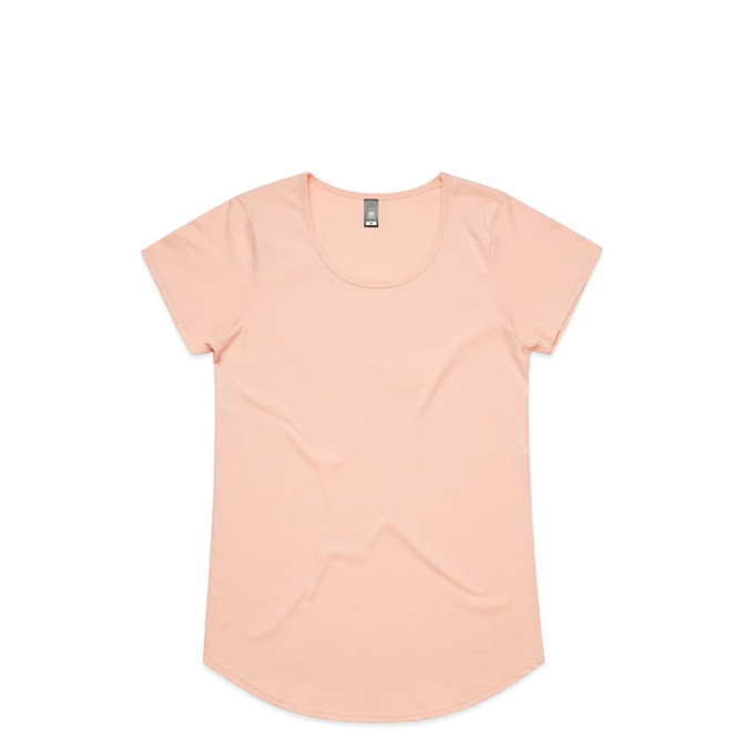 A light peach t-shirt with a round neckline and short sleeves. It features a tag and has a plain design.