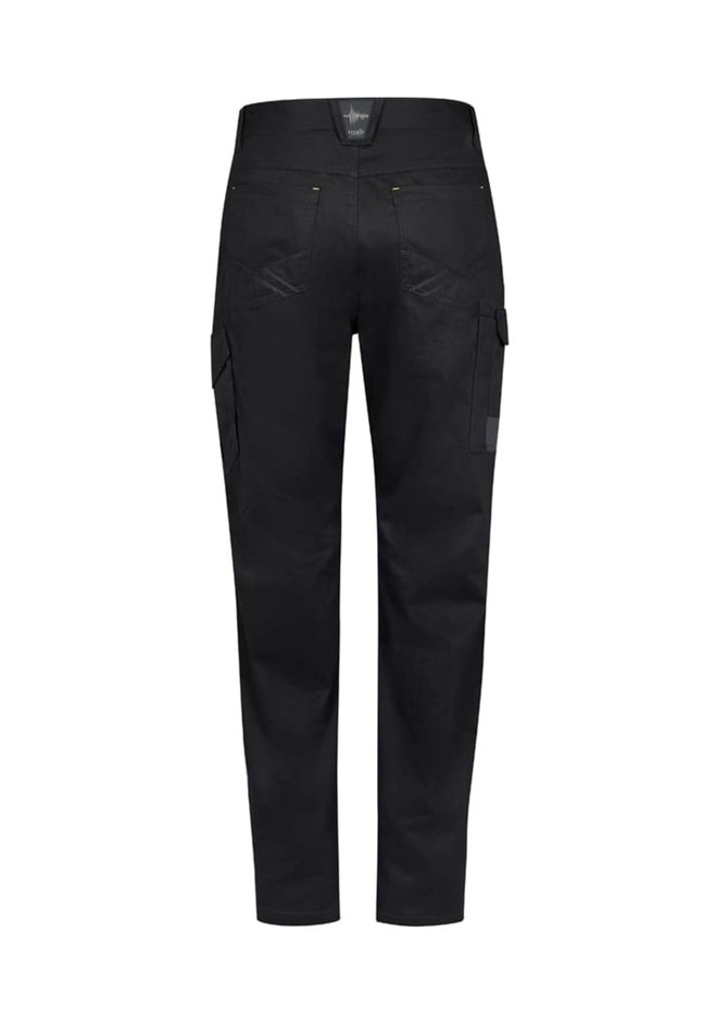 Men’s summer cargo pants in black with side pockets and a logo on the waistband.