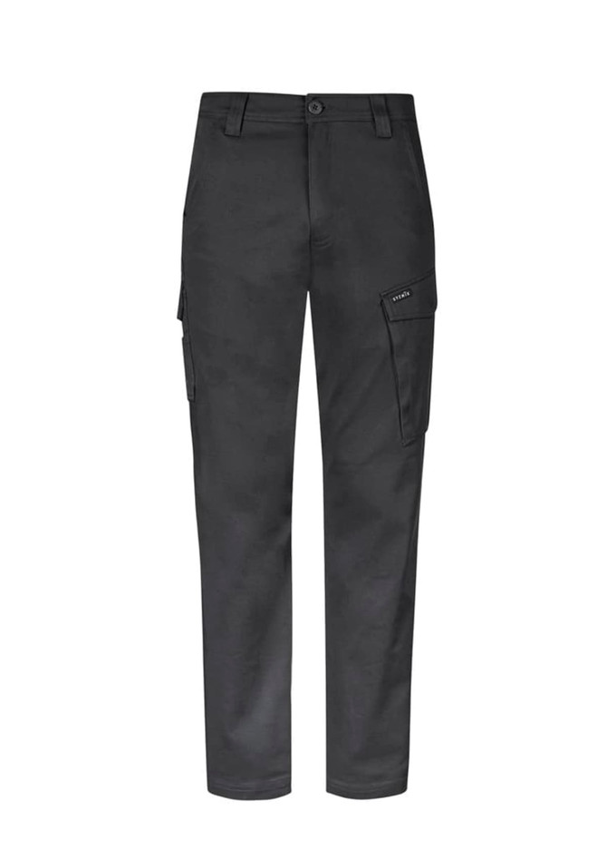 Essential basic stretch cargo pants in black, featuring side pockets and a front button closure. Includes branding.