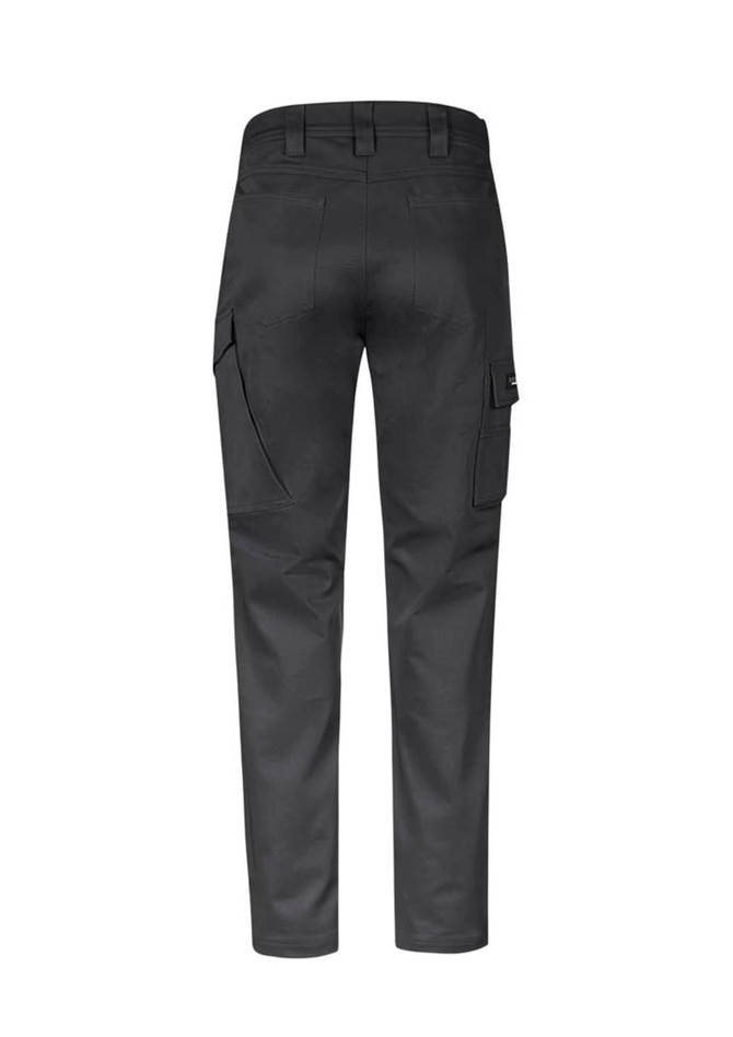 A pair of dark grey cargo pants with side pockets, featuring a logo on the back.