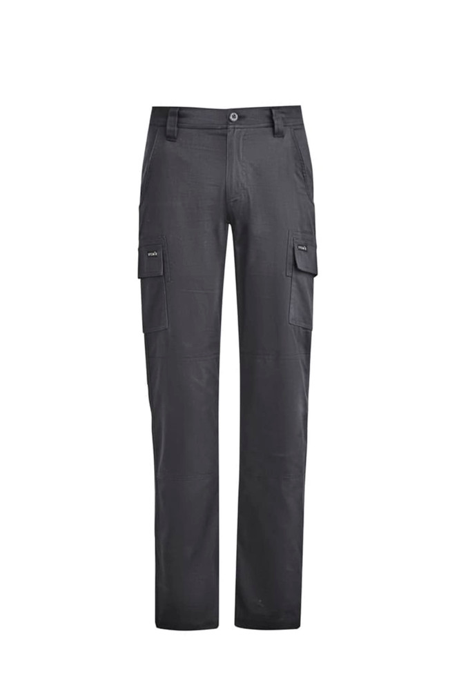Men's lightweight drill cargo pants in black, featuring side cargo pockets and a button closure. Includes a logo.