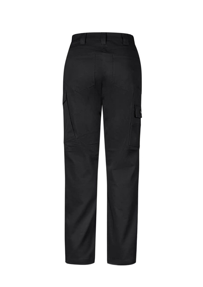 A pair of women's black cargo pants featuring multiple pockets and a snug fit. The design includes a logo.