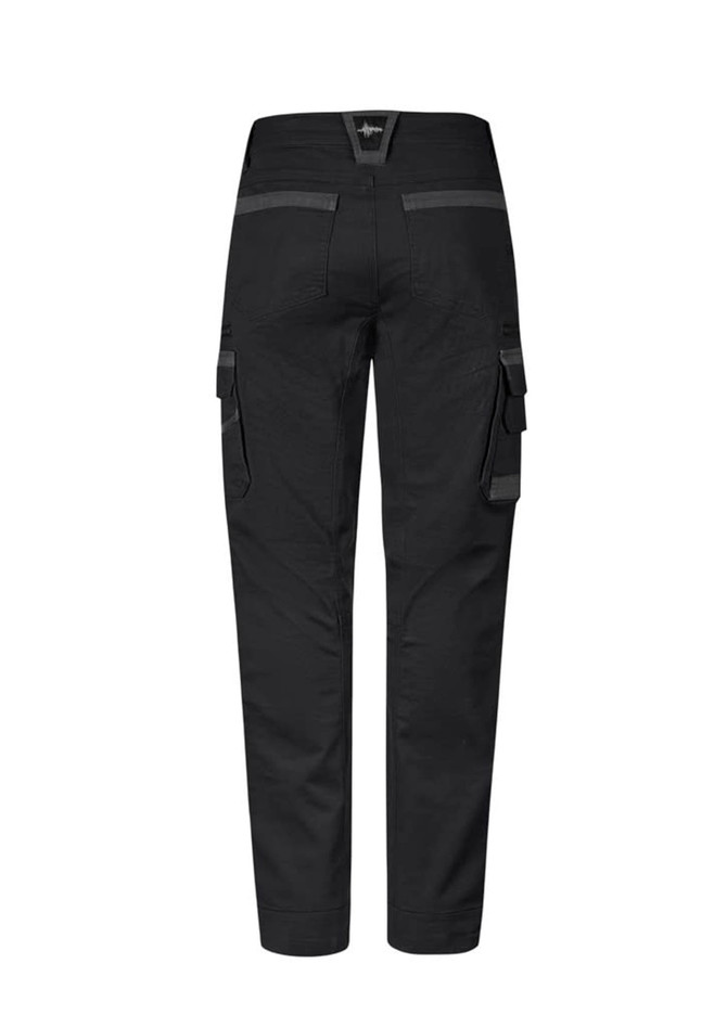 A pair of black work pants with side pockets and a logo on the back.