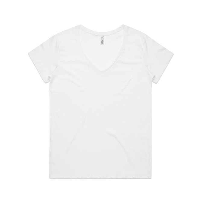 A white v-neck t-shirt with short sleeves, featuring a branding logo inside the collar.