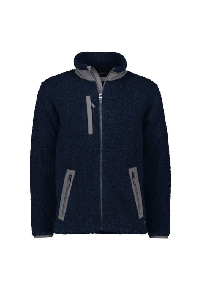 A unisex full zip sherpa fleece jumper in navy with grey accents and two zip pockets. Features a collar and a logo.